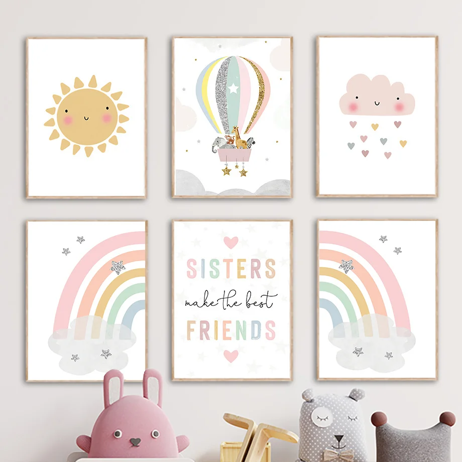 Baby Nursery Decor Girl - Giraffe Olifant Heteluchtballon Zon Regenboog Kinderkamer