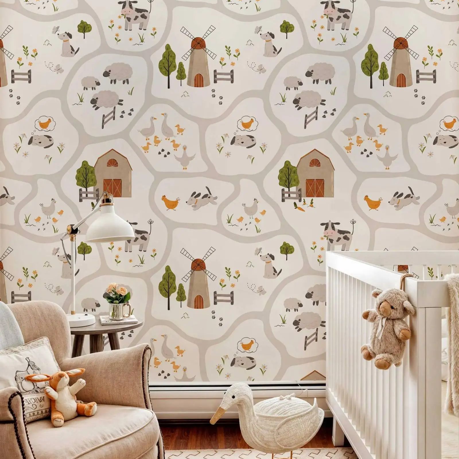 Baby Nursery Peel And Stick Wallpaper - Leuke boerderijdieren kinderbehang schil en plak,