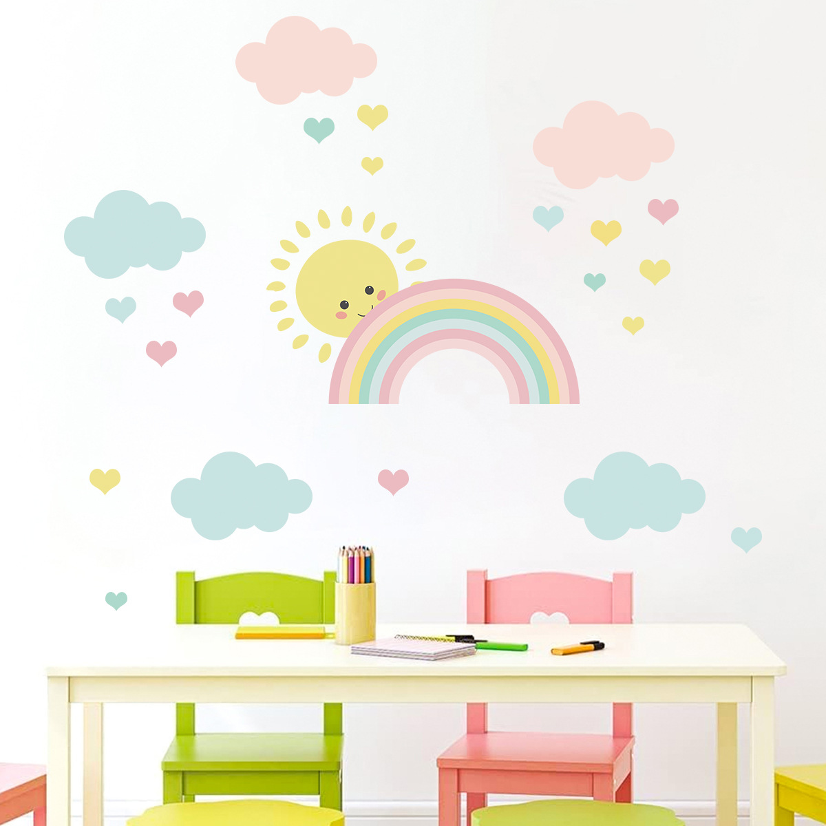 Baby Nursery Decor Girl - Cartoon Zon Regenboog Wolken Muurstickers Kinderkamer